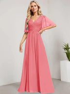 A-line V-Neck Floor-Length Lace Chiffon Mother of the Bride Dress With Sequins by Dreamylily