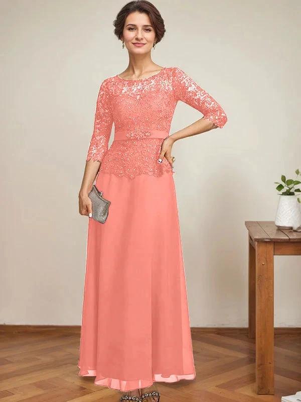 A-line Scoop Illusion Ankle-Length Chiffon Lace Mother of the Bride Dress With Rhinestone Beading by Dreamylily