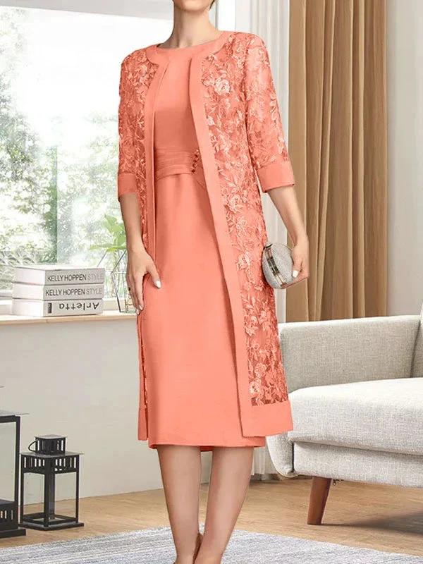 Sheath/Column Scoop Knee-Length Chiffon Mother of the Bride Dress With Pleated Sequins by Dreamylily