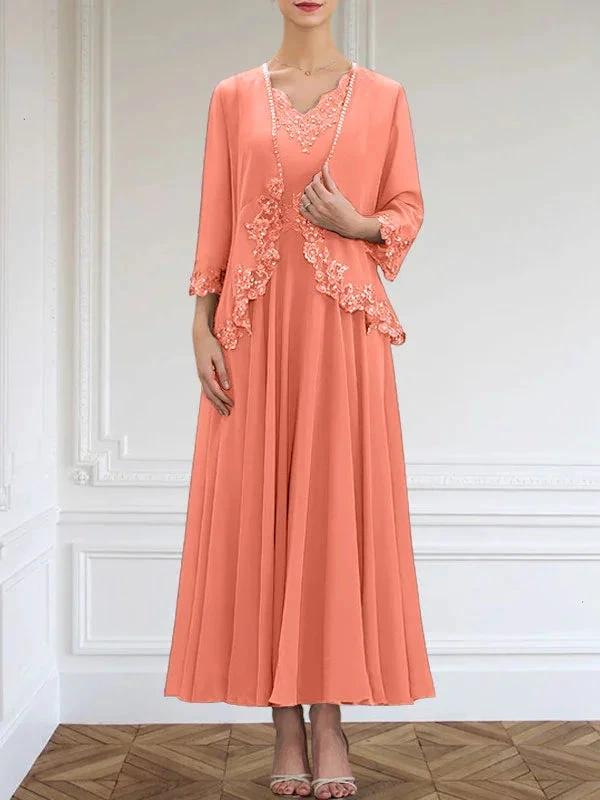 A-line V-Neck Ankle-Length Chiffon Mother of the Bride Dress With Sequins Appliques Lace Beading by Dreamylily