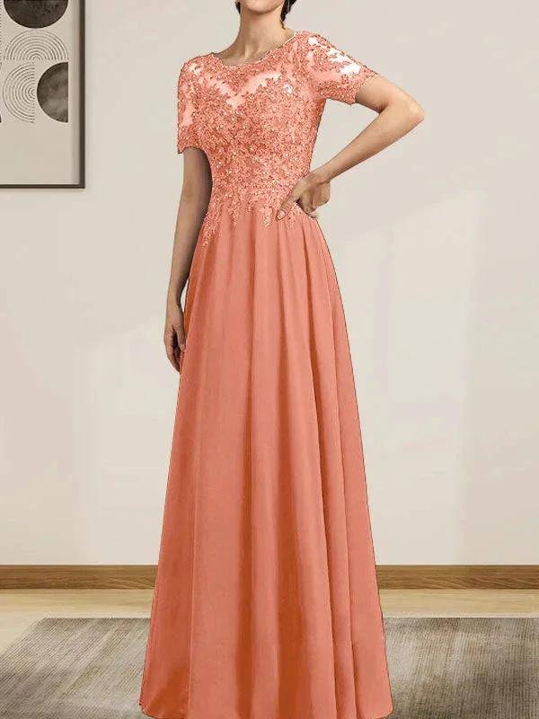A-line Scoop Illusion Floor-Length Chiffon Lace Mother of the Bride Dress With Sequins Beading by Dreamylily