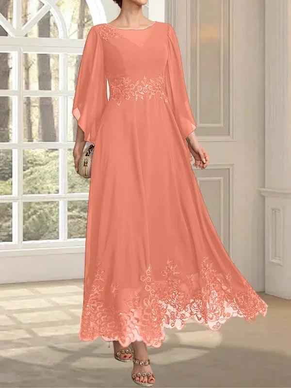 A-line Scoop Illusion Ankle-Length Lace Chiffon Mother of the Bride Dress With Sequins by Dreamylily