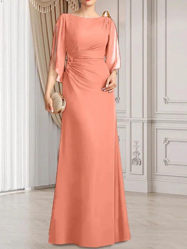 Sheath/Column Scoop Floor-Length Chiffon Mother of the Bride Dress With Pleated Beading by Dreamylily