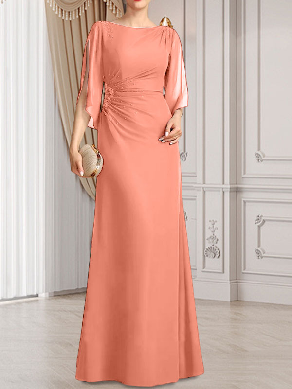 Etui-Linie/Säule U-Ausschnitt Bodenlang Chiffon Kleid für die Brautmutter mit Plissee Perlenbesatz