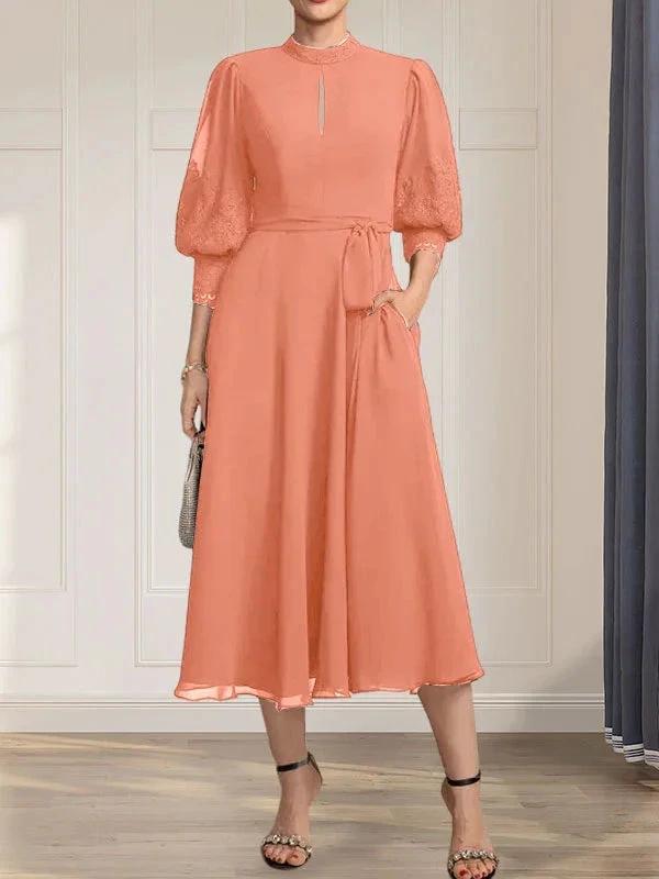 A-line High Neck Tea-Length Lace Chiffon Mother of the Bride Dress With Bow by Dreamylily