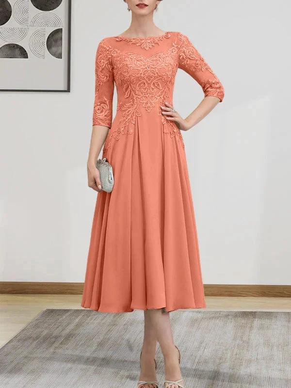 A-line Scoop Illusion Tea-Length Chiffon Lace Mother of the Bride Dress With Beading Sequins by Dreamylily