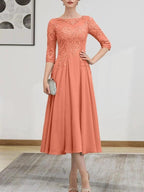 A-line Scoop Illusion Tea-Length Chiffon Lace Mother of the Bride Dress With Beading Sequins by Dreamylily