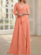 A-line V-Neck Floor-Length Chiffon Mother of the Bride Dress With Pleated Beading by Dreamylily