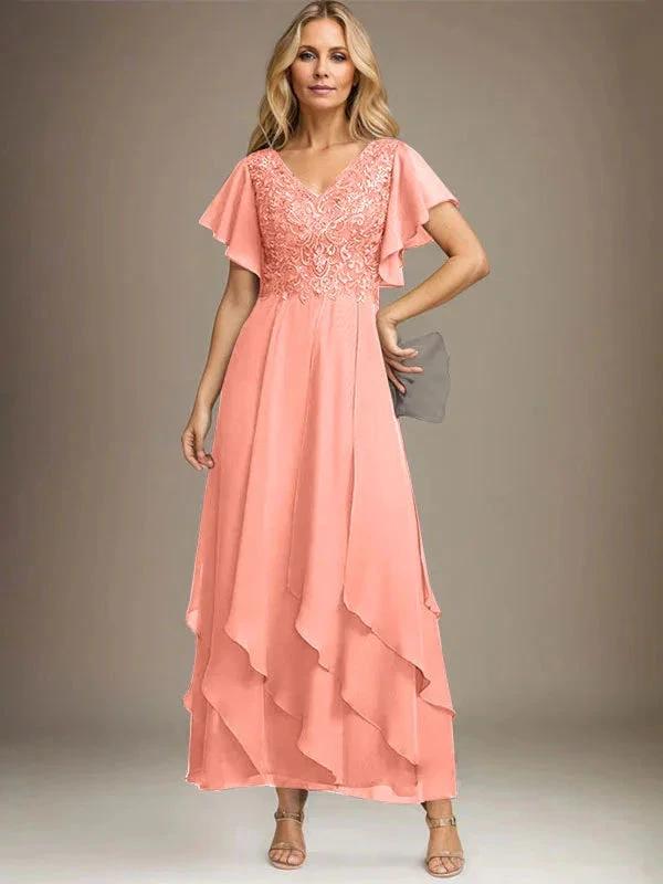 A-line V-Neck Ankle-Length Lace Chiffon Mother of the Bride Dress With Cascading Ruffles by Dreamylily