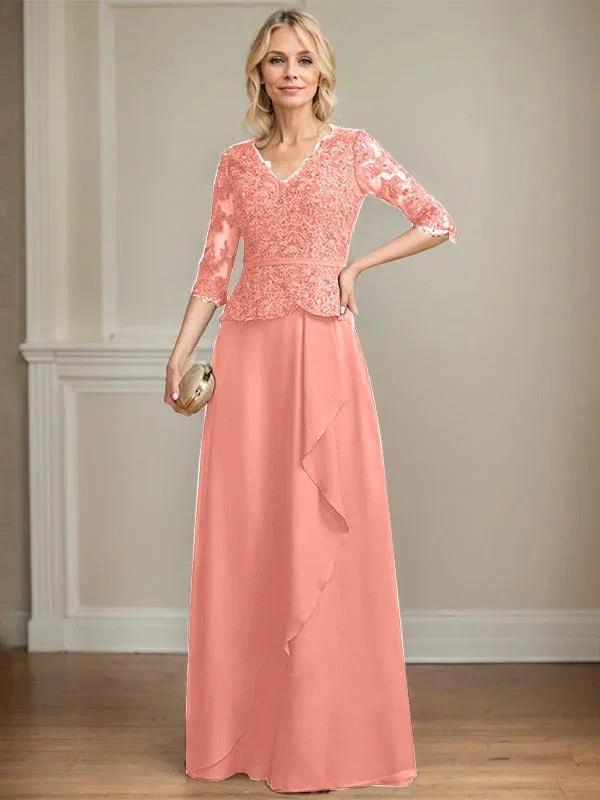 A-line V-Neck Floor-Length Lace Chiffon Mother of the Bride Dress With Cascading Ruffles Sequins by Dreamylily