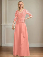 A-line V-Neck Floor-Length Lace Chiffon Mother of the Bride Dress With Cascading Ruffles Sequins by Dreamylily