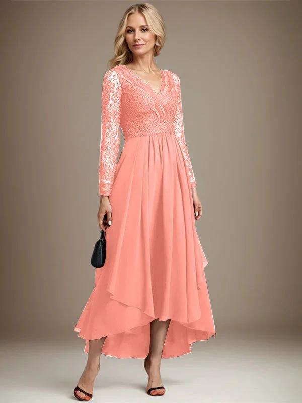 A-line V-Neck Asymmetrical Lace Chiffon Mother of the Bride Dress by Dreamylily