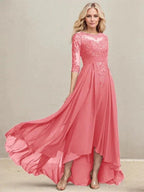 A-line Scoop Illusion Asymmetrical Lace Chiffon Mother of the Bride Dress With Pleated Sequins by Dreamylily