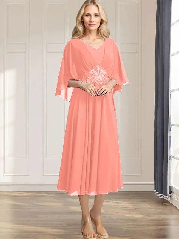 A-line V-Neck Tea-Length Chiffon Mother of the Bride Dress With Pleated Sequins Appliques Lace Beadind by Dreamylily
