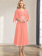 A-line V-Neck Tea-Length Chiffon Mother of the Bride Dress With Pleated Sequins Appliques Lace Beadind by Dreamylily