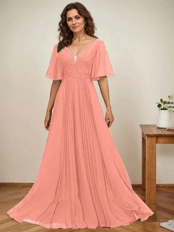 A-line V-Neck Floor-Length Chiffon Mother of the Bride Dress With Sequins Appliques Lace Pleated by Dreamylily