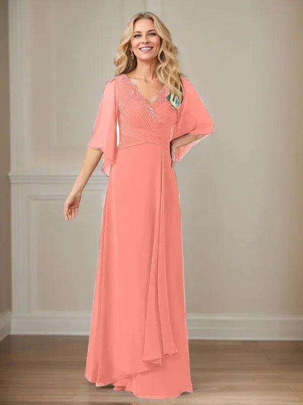 A-Line V-Neck Long Sequins Chiffon Mother Dress by Dreamylily