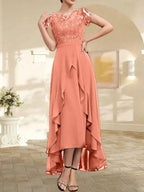 A-line Scoop Illusion Asymmetrical Chiffon Lace Mother of the Bride Dress With Bow Ruffle Sequins by Dreamylily