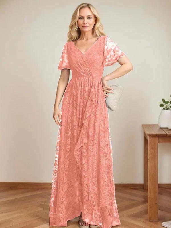 A-Line V-Neck Asymmetrical Lace Mother of the Bride Dress With Cascading Ruffles by Dreamylily