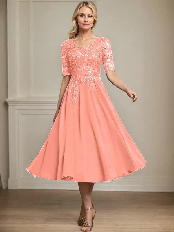 A-line V-Neck Tea-Length Lace Chiffon Mother of the Bride Dress With Sequins by Dreamylily