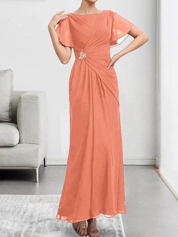 A-line Scoop Ankle-Length Chiffon Mother of the Bride Dress With Beading Pleated by Dreamylily