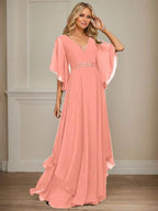 A-line V-Neck Floor-Length Chiffon Mother of the Bride Dress With Sequins Appliques Lace Beading by Dreamylily