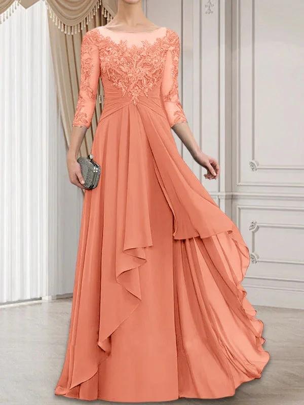 A-line Scoop Illusion Floor-Length Lace Chiffon Mother of the Bride Dress With Cascading Ruffles by Dreamylily