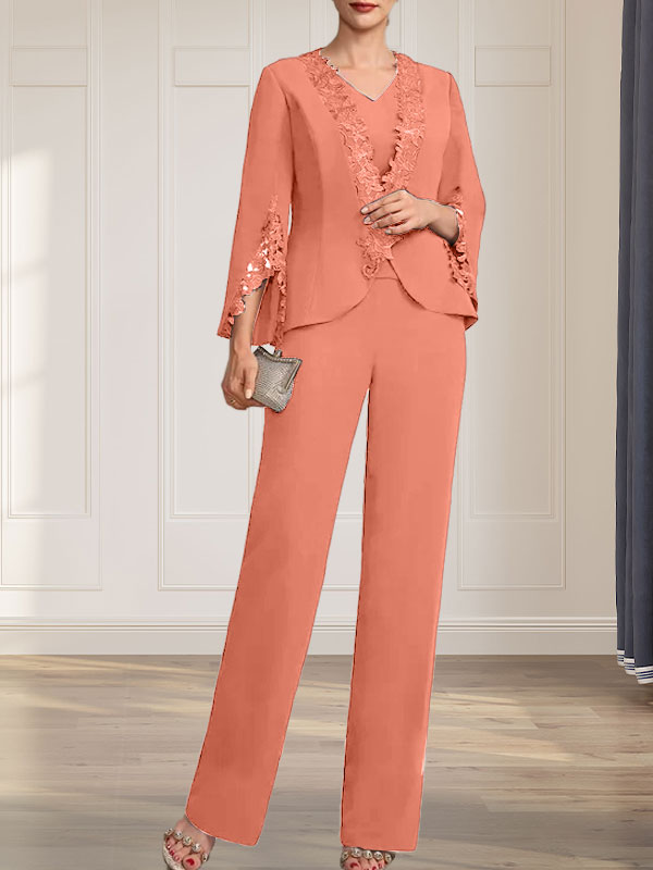 Separates Jumpsuit/Pantsuit V-Neck Floor-Length Chiffon Mother of the Bride Dress