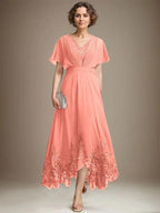 A-line V-Neck Asymmetrical Lace Chiffon Mother of the Bride Dress With Pleated by Dreamylily