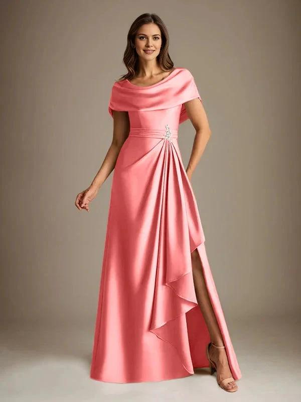 A-Line Scoop Floor-Length Stretch Satin Mother of the Bride Dress With Cascading Ruffles by Dreamylily