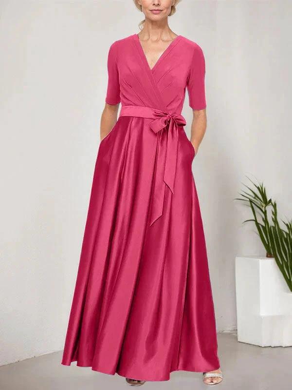 Surplice Neckline Ballgown with Full Satin Skirt & Jersey Bodice by Dreamylily