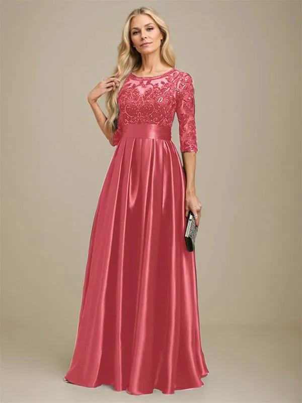 A-line Scoop Illusion Floor-Length Stretch Satin Lace Mother of the Bride Dress With Bow Sequins by Dreamylily