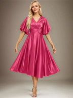 A-line V-Neck Tea-Length Stretch Satin Mother of the Bride Dress With Beading Pleated by Dreamylily