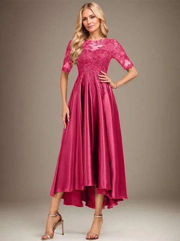 A-line Scoop Illusion Asymmetrical Stretch Satin Lace Mother of the Bride Dress With Sequins by Dreamylily