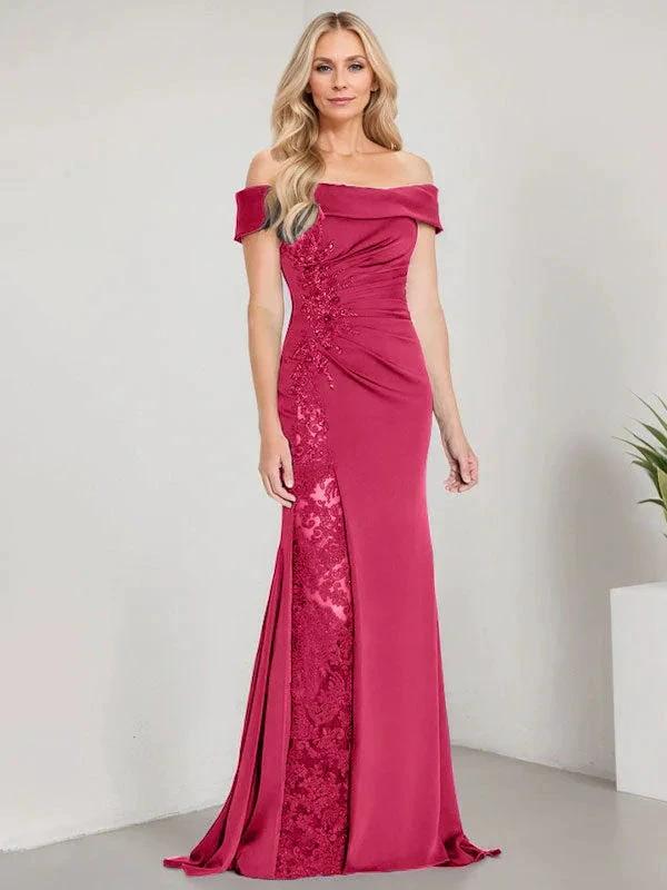 A-Line Off the Shoulder Floor-Length Mother of the Bride Dress Applique Beadings Mermaid Dress With High Split by Dreamylily