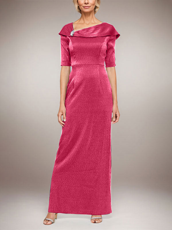 Long Shimmer Column Dress with Foldover Cuff L-Neckline and Elbow Sleeves