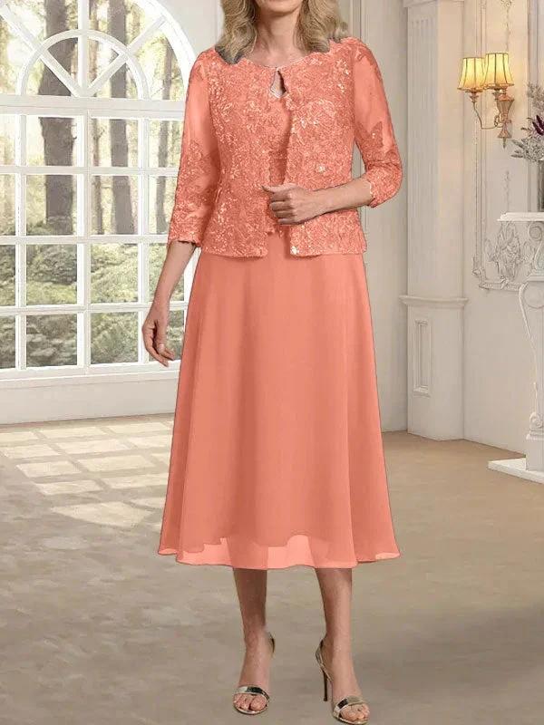 A-line Scoop Tea-Length Lace Chiffon Mother of the Bride Dress With Sequins by Dreamylily