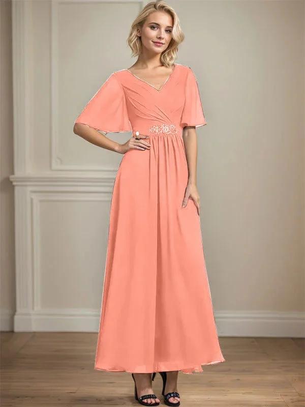 A-line V-Neck Ankle-Length Chiffon Mother of the Bride Dress With Pleated Beading Sequins by Dreamylily