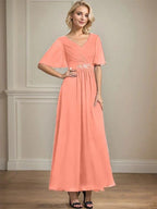 A-line V-Neck Ankle-Length Chiffon Mother of the Bride Dress With Pleated Beading Sequins by Dreamylily
