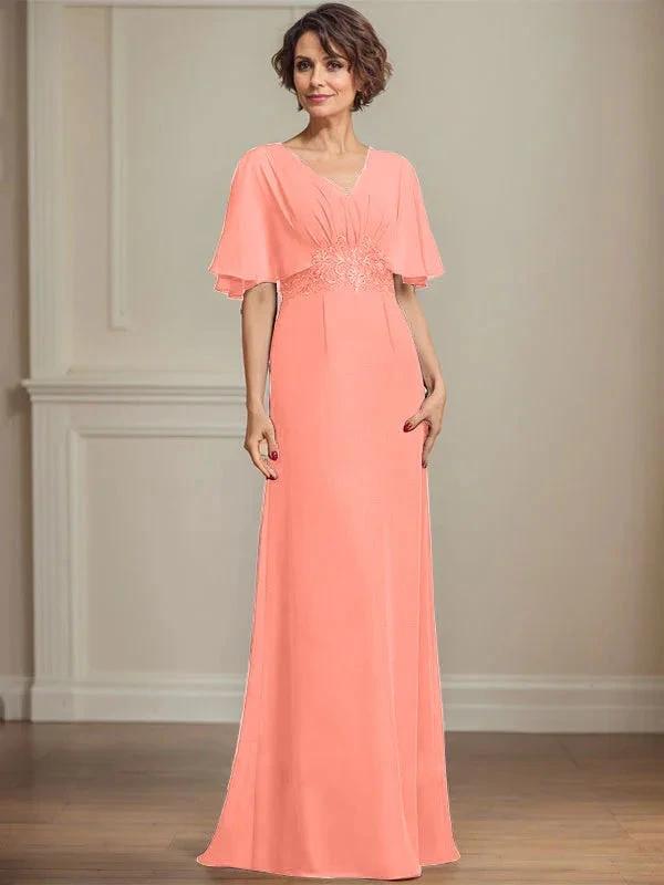 A-line V-Neck Floor-Length Chiffon Mother of the Bride Dress With Pleated Sequins Appliques Lace by Dreamylily