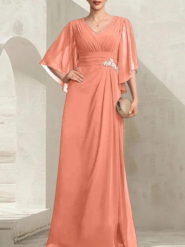 Sheath/Column V-Neck Floor-Length Chiffon Mother of the Bride Dress With Pleated Sequins Beading by Dreamylily