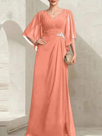 Sheath/Column V-Neck Floor-Length Chiffon Mother of the Bride Dress With Pleated Sequins Beading by Dreamylily