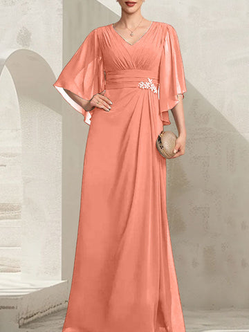 Vestido de gasa para madre de la novia, con escote en V, largo hasta el suelo, con lentejuelas plisadas y abalorios
