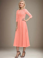 A-line Scoop Tea-Length Lace Chiffon Mother of the Bride Dress With Sequins by Dreamylily