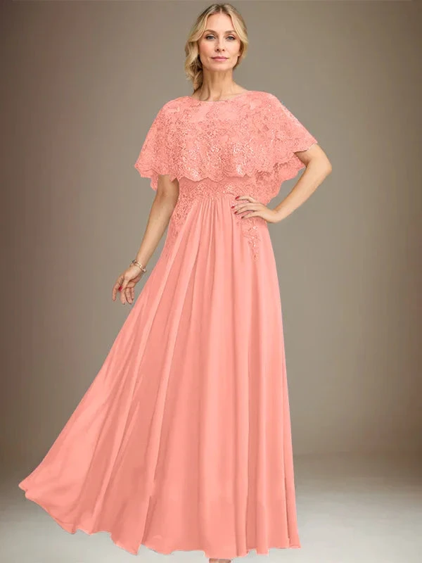 A-line Boat Neck Floor-Length Lace Chiffon Mother of the Bride Dress With Applique Sequins by Dreamylily