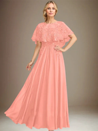 A-line Boat Neck Floor-Length Lace Chiffon Mother of the Bride Dress With Applique Sequins by Dreamylily