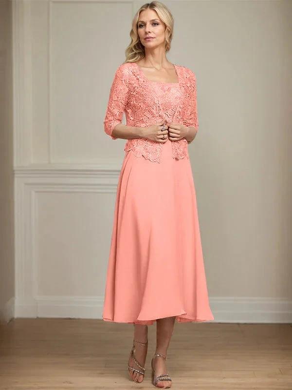 A-line Square Tea-Length Chiffon Lace Mother of the Bride Dress With Sequins Beading by Dreamylily