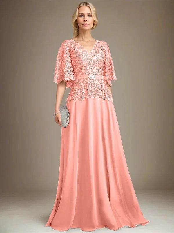 A-line V-Neck Floor-Length Chiffon Lace Mother of the Bride Dress With Crystal Brooch Rhinestone by Dreamylily