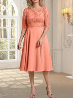 A-line Scoop Knee-Length Lace Chiffon Mother of the Bride Dress by Dreamylily