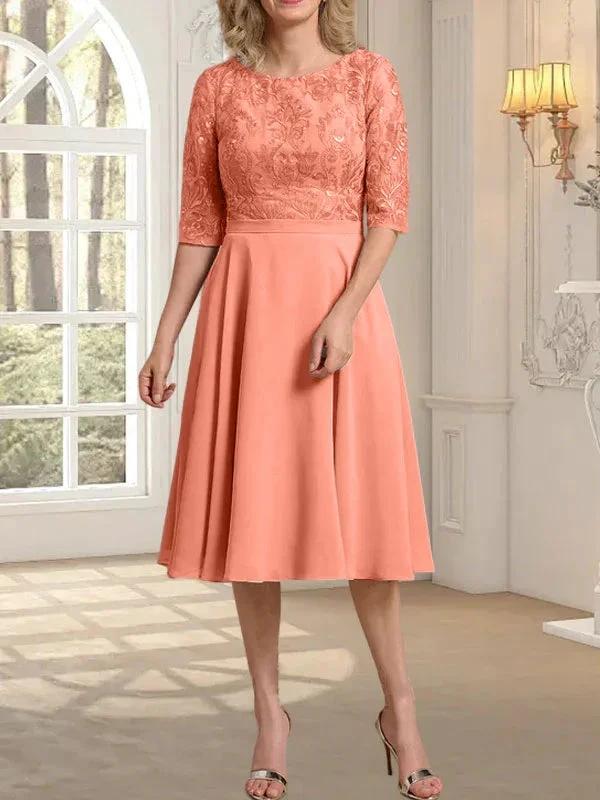 A-line Scoop Knee-Length Lace Chiffon Mother of the Bride Dress by Dreamylily